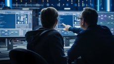 Two individuals sitting in front of two computer monitors with their backs turned toward the camera