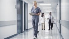 
  Healthcare provider walking through a hallway with two other healthcare providers standing behind them
