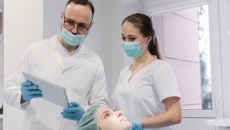
  A dentist and their assistant checking a patient's record from a digital tablet
