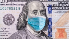 Franklin with a medical mask on a 100 dollar bill