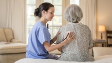 Person sitting on a bed with a healthcare professional taking vitals