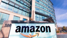 An Amazon sign in front of headquarters.