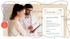 A patient talking to a doctor with an enlarged image of the Abridge app. It shows an assessment and plan for hypertension and migraines.