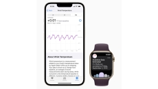 An Apple Watch next to an iPhone displaying ovulation estimates and temperature tracking data.