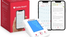 The Hello Heart platform, including smartphone displaying the app and the connected blood pressure monitor