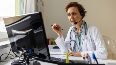 Healthcare provider sitting at a desk while looking at a computer