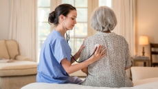 A nurse using a stethoscope on an older patient in her home.