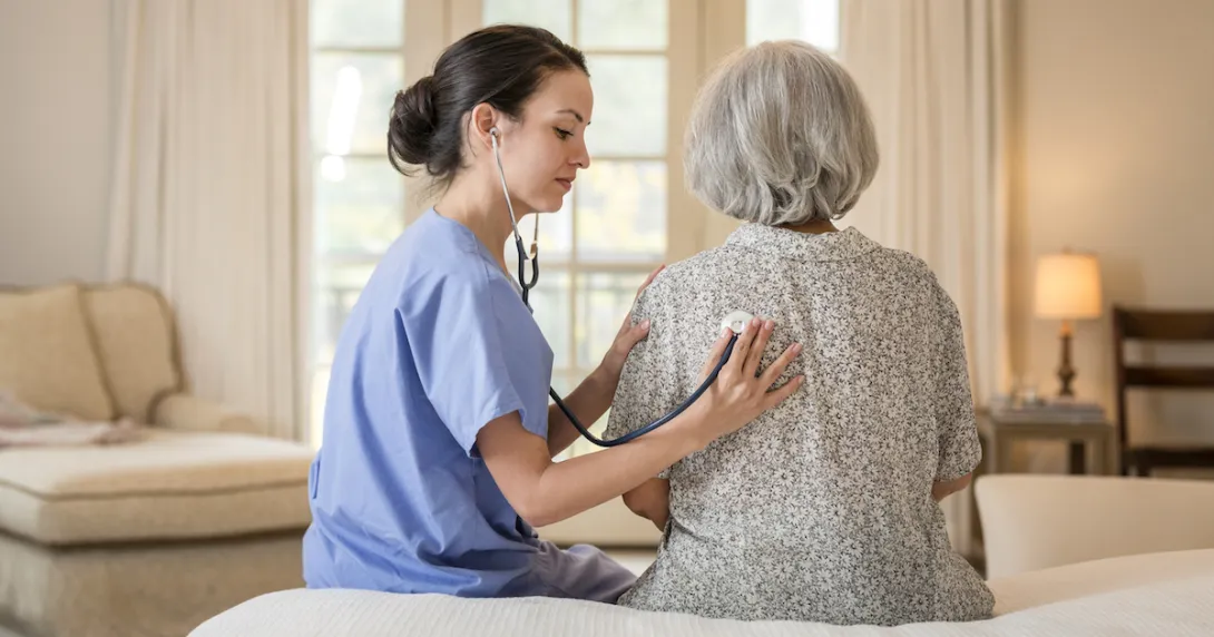 Healthcare provider sitting next to a patient on a bed listening to their lungs with a stethoscope
Healthcare provider sitting next to a patient on a bed listening to their lungs with a stethoscope
