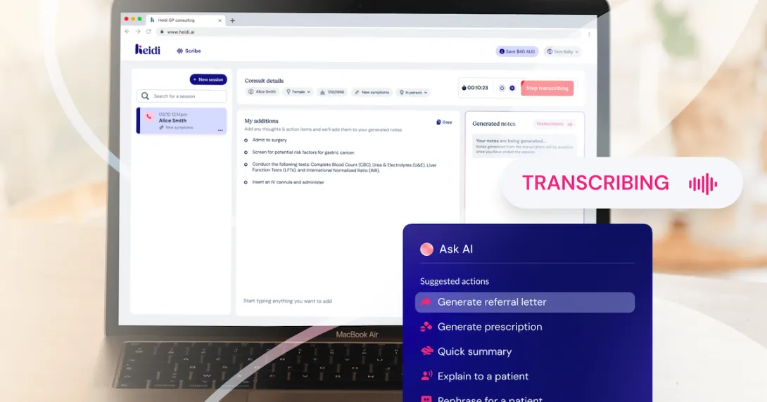 A laptop showing Heidi Clinician's AI-powered features
A laptop showing Heidi Clinician's AI-powered features