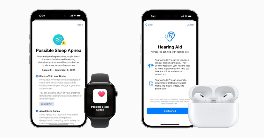 Apple products showing hearing aid and sleep apnea apps on iPhone Apple products showing hearing aid and sleep apnea apps on iPhone
