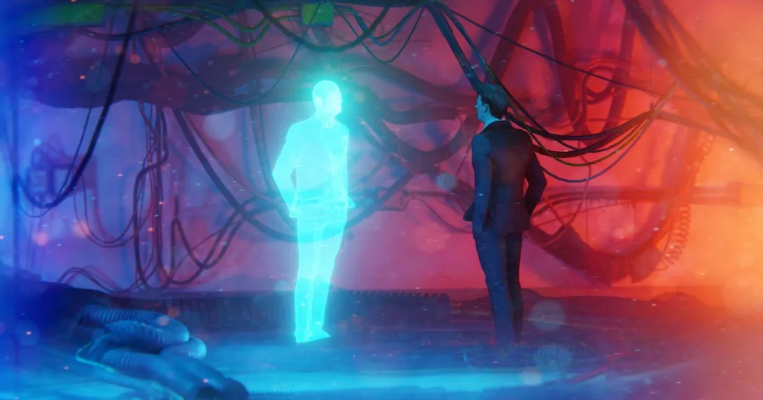 Digital person standing next to a physical person Digital person standing next to a physical person
