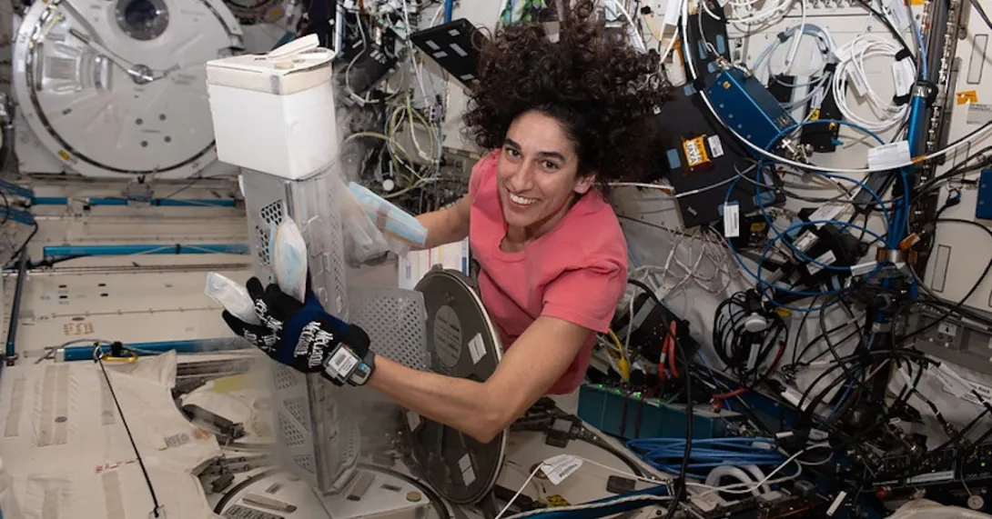 Flight engineer Jasmin Moghbeli works to retrieve Media Babs for Emory University's Project EAGLE investigation. Flight engineer Jasmin Moghbeli works to retrieve Media Babs for Emory University's Project EAGLE investigation.