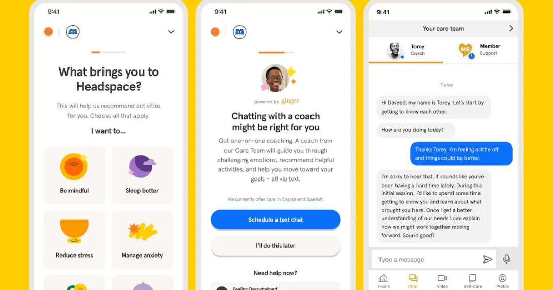 Smartphones displaying Headspace Health's app.
Smartphones displaying Headspace Health's app.