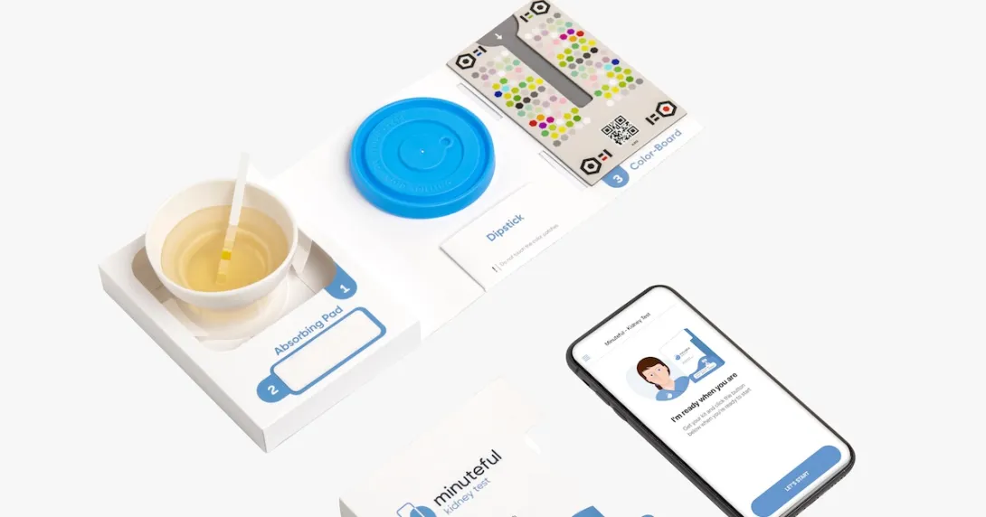 Healthy.io's Minuteful test kit, including a smartphone displaying the app Healthy.io's Minuteful test kit, including a smartphone displaying the app