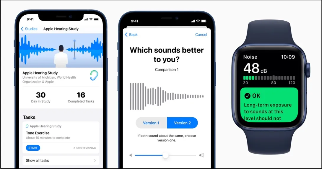 Screenshots from Apple's hearing study app