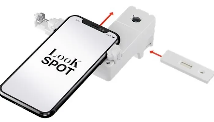 The smartphone-enabled LooK SPOT test scans for nucleocapsid protein from SARS-CoV-2 in nasal swabs, with results reportedly available in 5 to 8 minutes. COVID-19, artificial intelligence, Laipac Technology, YAS Pharmaceuticals, Pure Health, IOMT