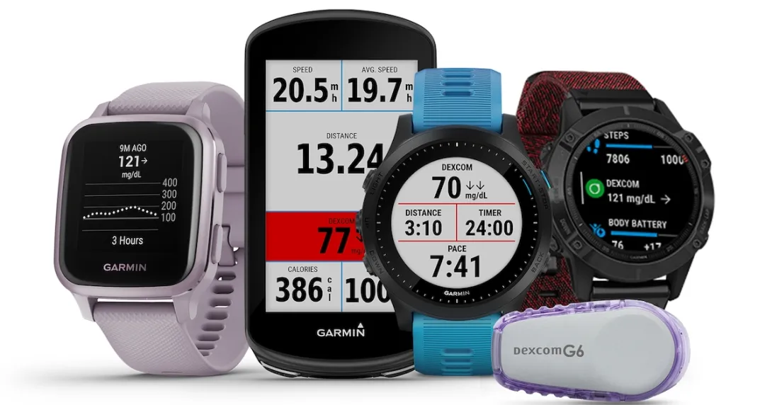 A collection of Garmin products alongside the Dexcom G6 A collection of Garmin products alongside the Dexcom G6