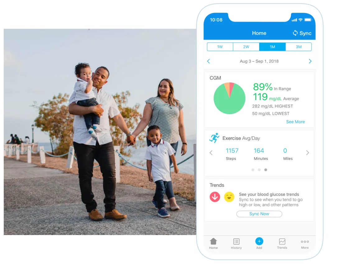 Images of the Glooko app and a family