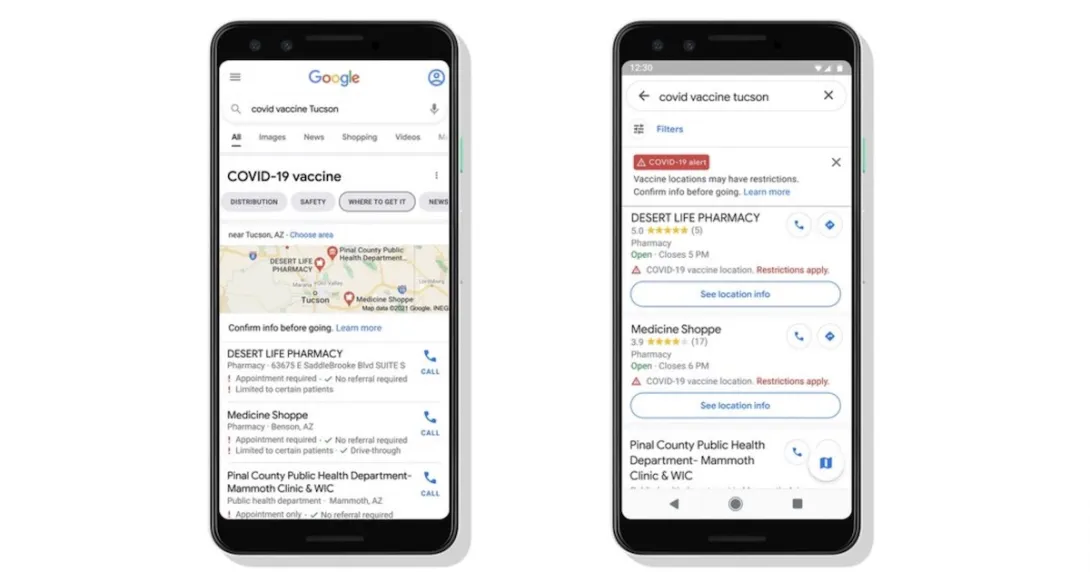 Google vaccine info examples on two phone screens