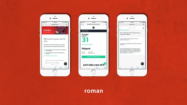Three screens of Ro's app-based Roman offering