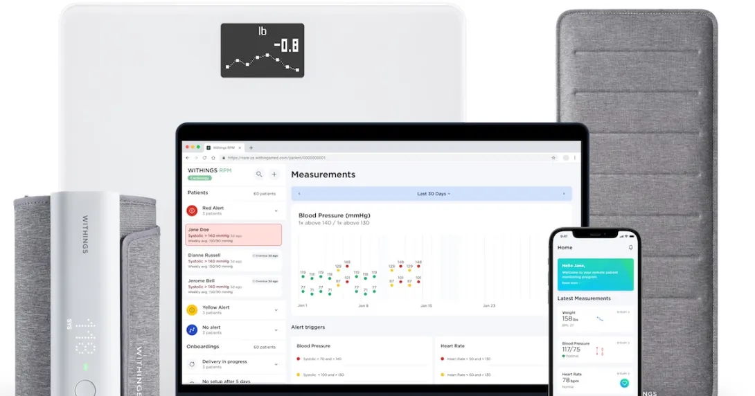 The Withings RPM platform with its connected tools in including a scale and blood pressure cuff The Withings RPM platform with its connected tools in including a scale and blood pressure cuff