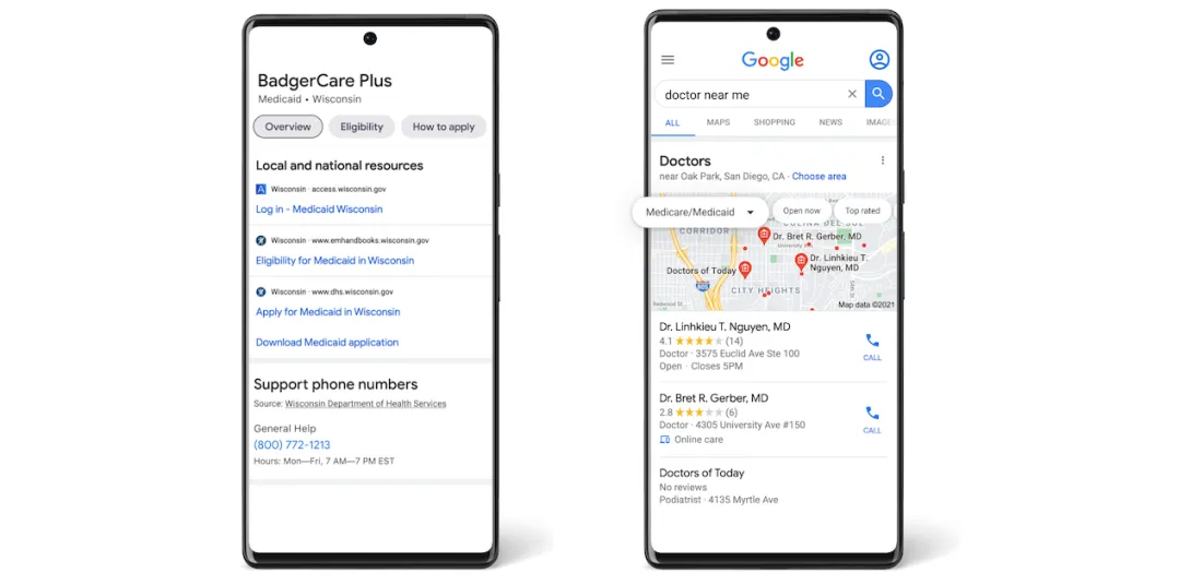 Two smartphones displaying the Medicare and Medicaid information in search as well as the Medicaid filtering feature. Two smartphones displaying the Medicare and Medicaid information in search as well as the Medicaid filtering feature.