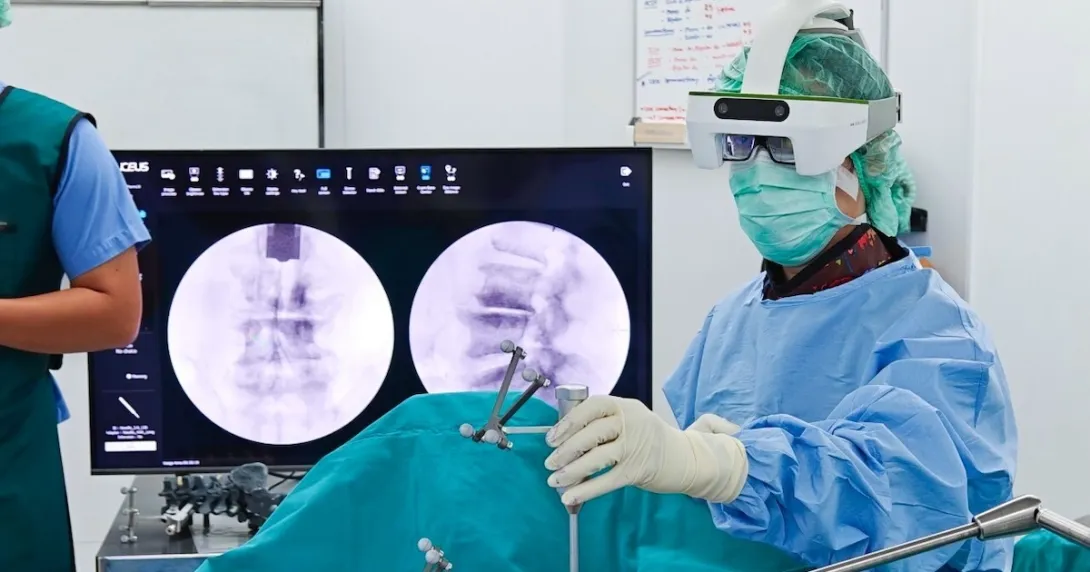 A surgeon performing a surgery using an augmented reality-based navigation system
