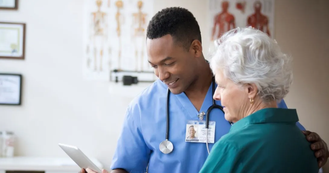 Two people looking at notes