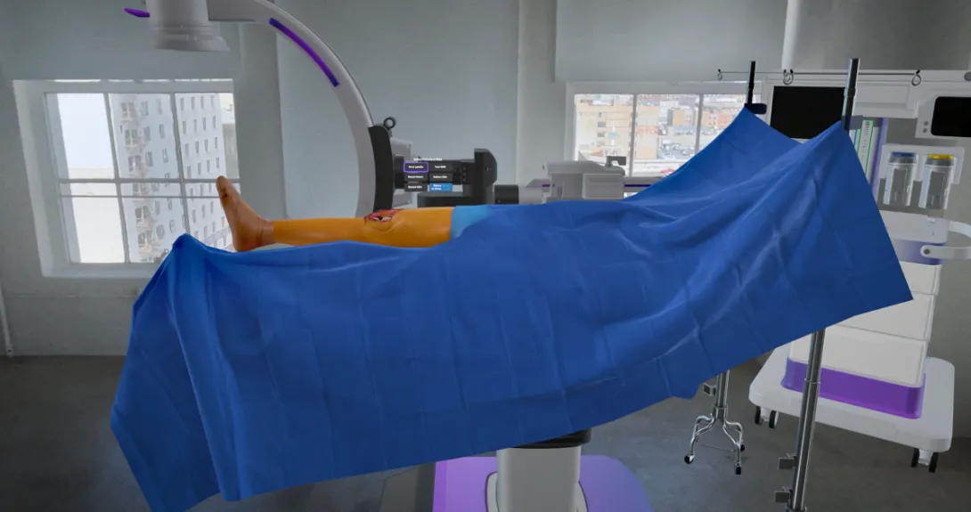 A virtual reality surgical room with patient under dressing