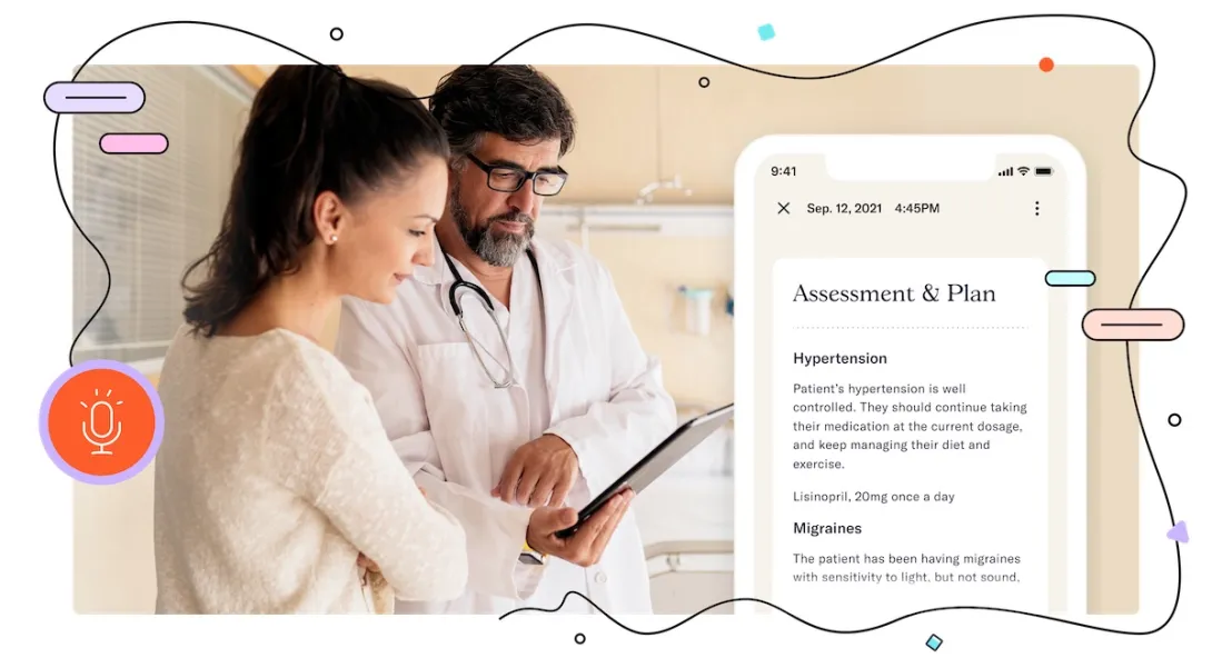 A patient talking to a doctor with an enlarged image of the Abridge app. It shows an assessment and plan for hypertension and migraines.