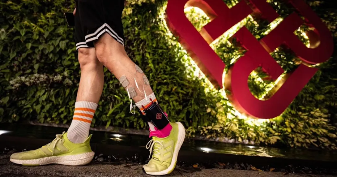 A person wearing PolyU's Mobile Ankle-foot Exoneuromusculoskeleton