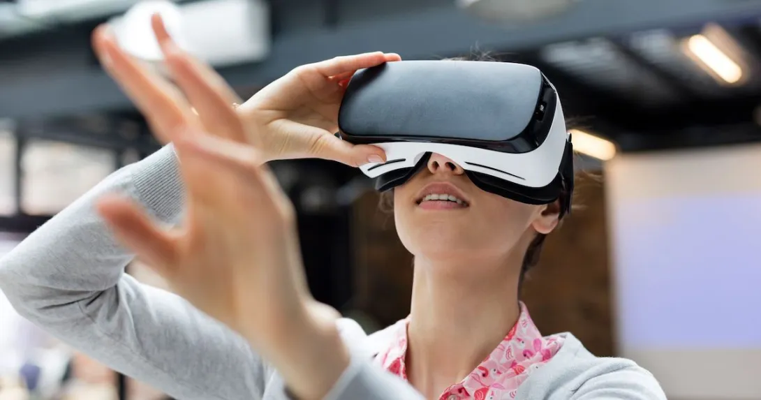 A young woman wearing a virtual reality headset